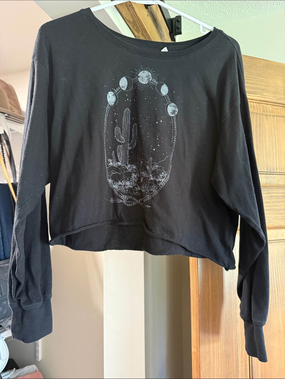 White Crow Black Crescent Moon & Cactus Graphic Cropped Sweatshirt